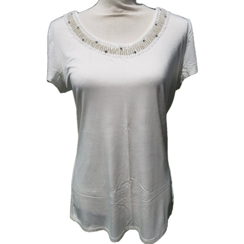 Adrienne Vittadini Shirt Womens Lg Ivory Short Sleeve Scoop Neck Pearls Lace Top